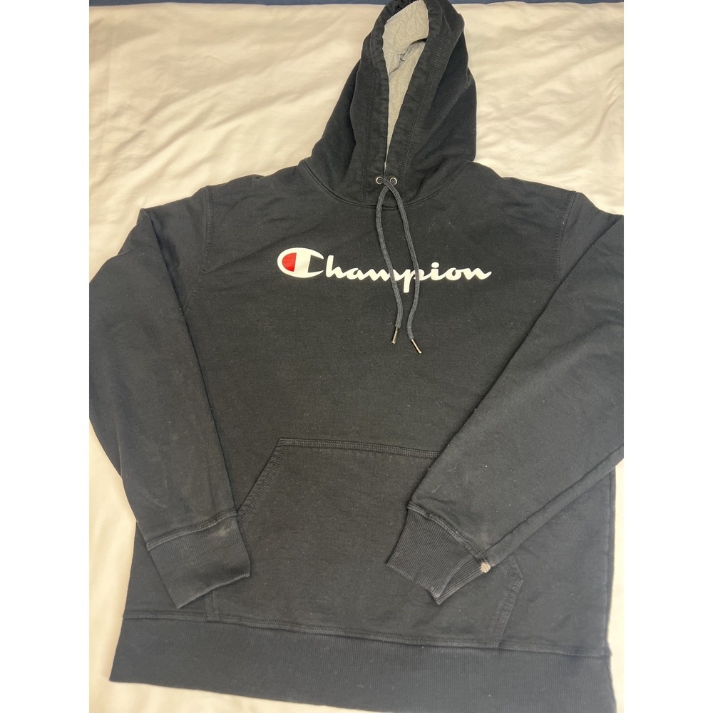 Champion Powerblend Men's Hoodie, Script Logo - Black, Size Large